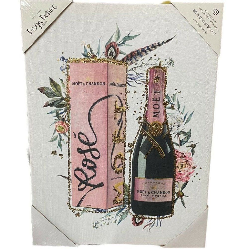 Moet Rose Glitter Canvas‎ Floral Wall Fashion Spring Decor Bar Bottle Champagne